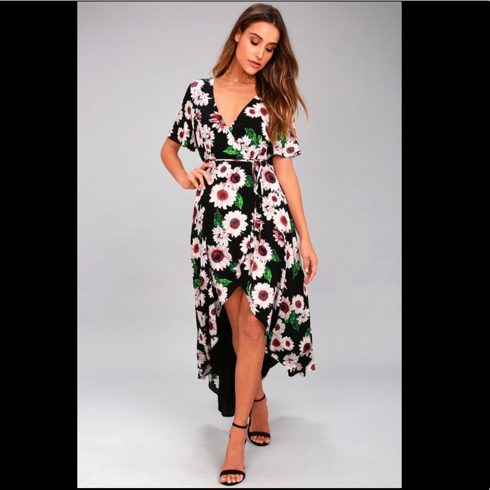 Lulu's Black Floral High-Low Wrap Dress
